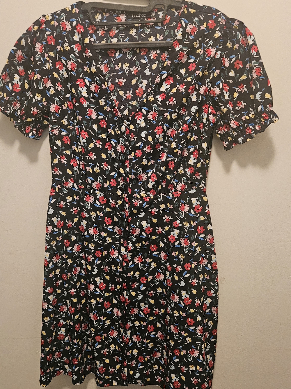 Boohoo Black Floral Mini Dress with Red, Blue & Yellow Prints